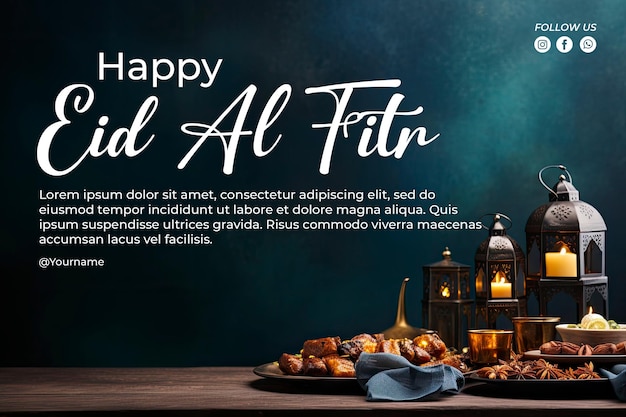 PSD eid alfitr table decorated with arabic food with copy space