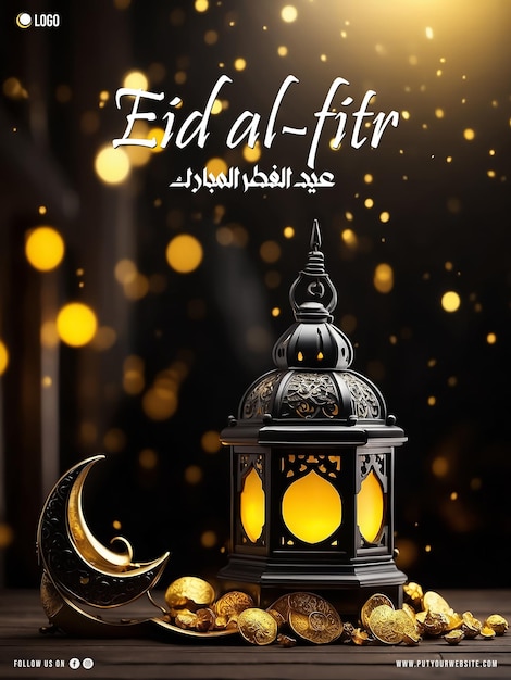 Eid alfitri poster template with a background of a lantern and crescent moon decorations