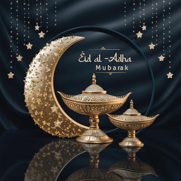 Eid card background with a gold moon and a gold ancient lantern with hanging star illustration