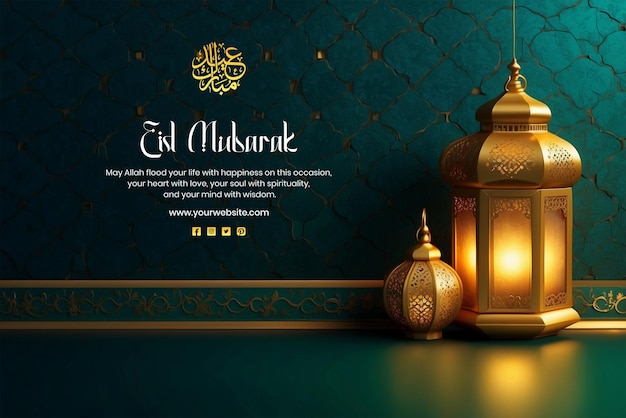 Eid Mubarak concept Islamic style golden frame design with lanterns on dark aqua background