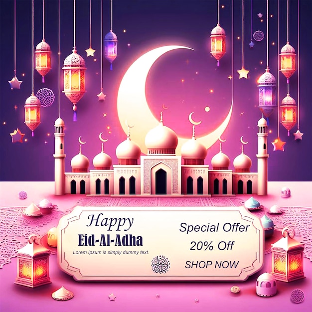 Eid mubarak festival greeting with lamps moon and mosque