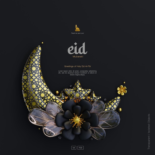 Eid Mubarak Greeting card background with Decorative Cute 3D Flower Crescent ornaments dark scene