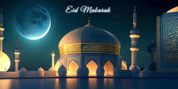 Eid Mubarak Greeting Card Wallpaper Poster PSD Template with Mosque and Lamp in Background