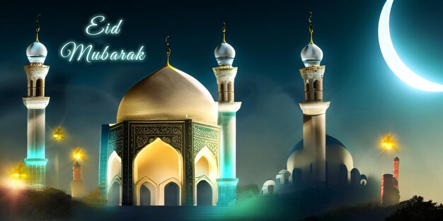 Eid Mubarak Greeting Card Wallpaper Poster PSD Template with Mosque and Lamp in Background