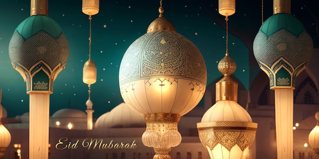 Eid Mubarak Greeting Card Wallpaper Poster PSD Template with Mosque and Lamp in Background