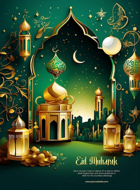 Eid Mubarak luxurious Islamic lantern and Crescent on green background