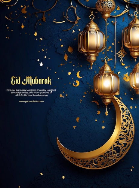 Eid Mubarak luxurious Islamic lantern and Crescent moon and blue background