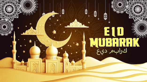 eid mubarak moon and mosque festival background