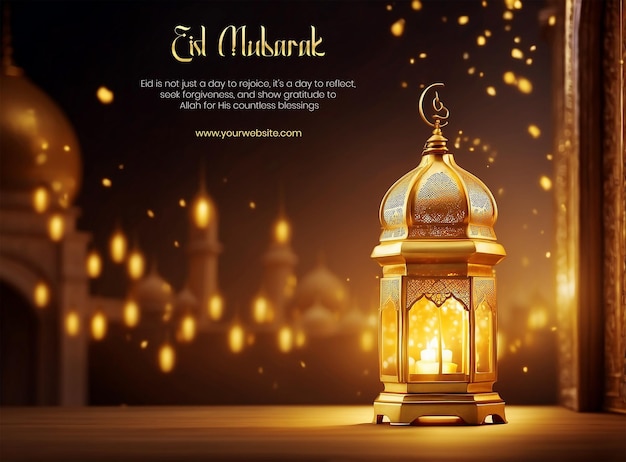 Eid mubarak realistic golden glowing lantern on golden background