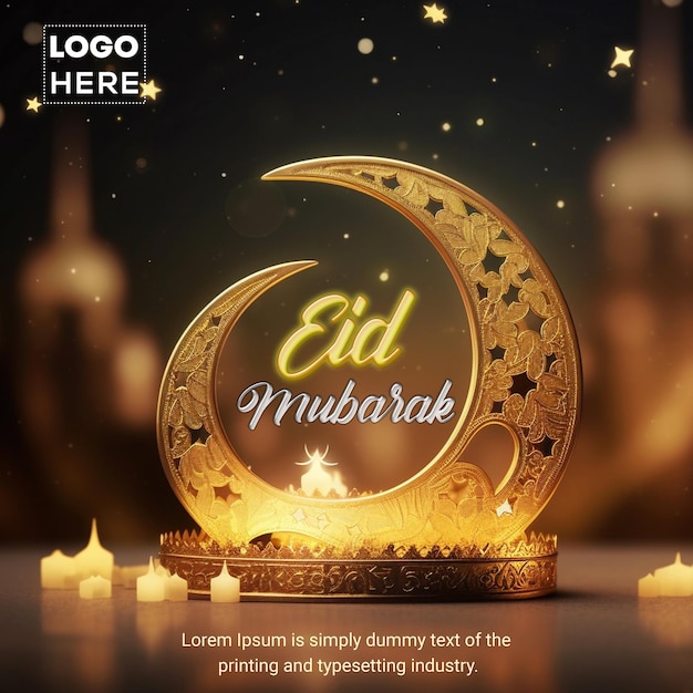 Eid Mubarak social media post or template with a hollow crescent moon on golden bokeh background