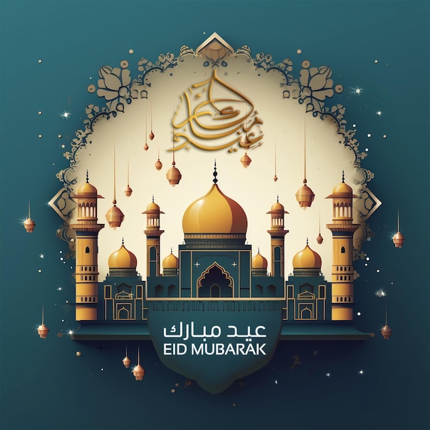 Eid Mubarak with vector mosque Islamic festival social media post background design