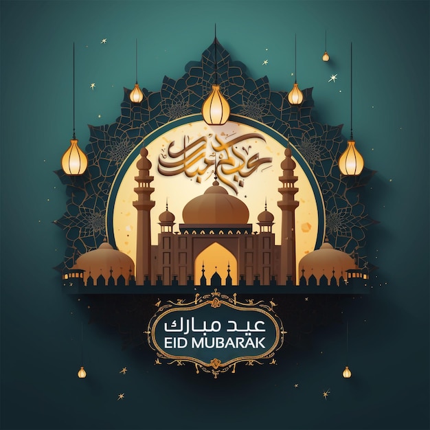 Eid Mubarak with vector mosque Islamic festival social media post background design