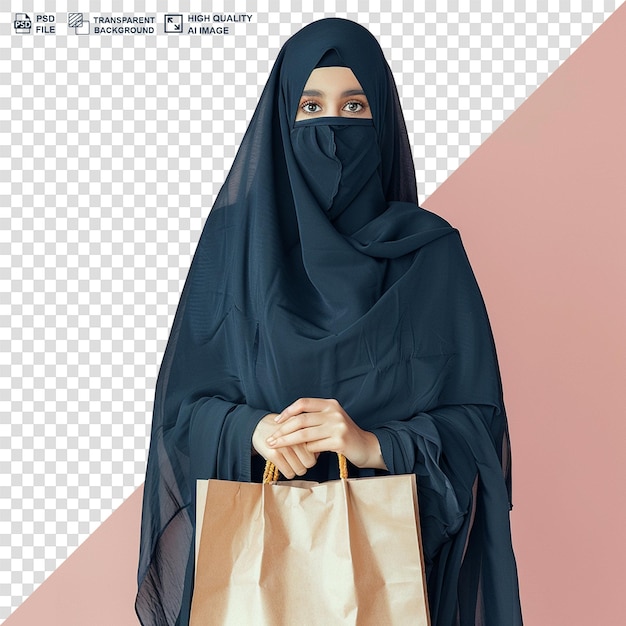 Eid sale muslim woman in hijab with shopping bag isolated on transparent background