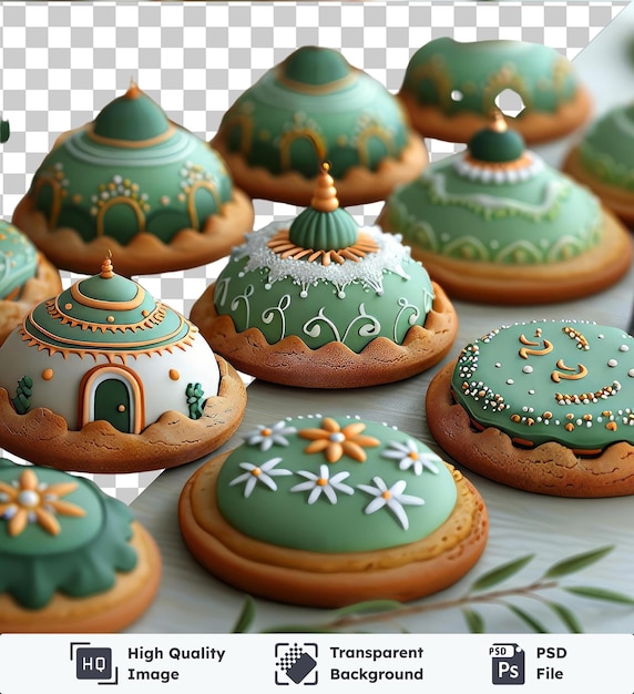 eid themed cookie stamp set for ramadan featuring a variety of cakes and cookies including green orange and green and orange cakes adorned with white and orange flowers