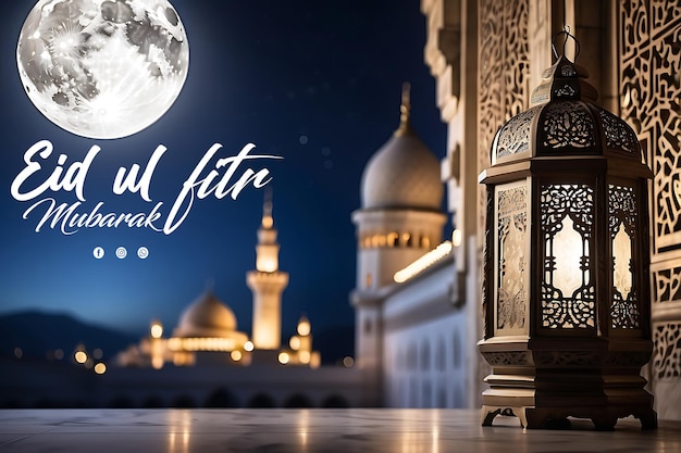 Eid ul Fitr Mubarak banner template with a lantern background at night