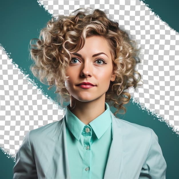 A Elated Adult woman with Curly Hair from the Scandinavian ethnicity dressed in Chemist attire poses