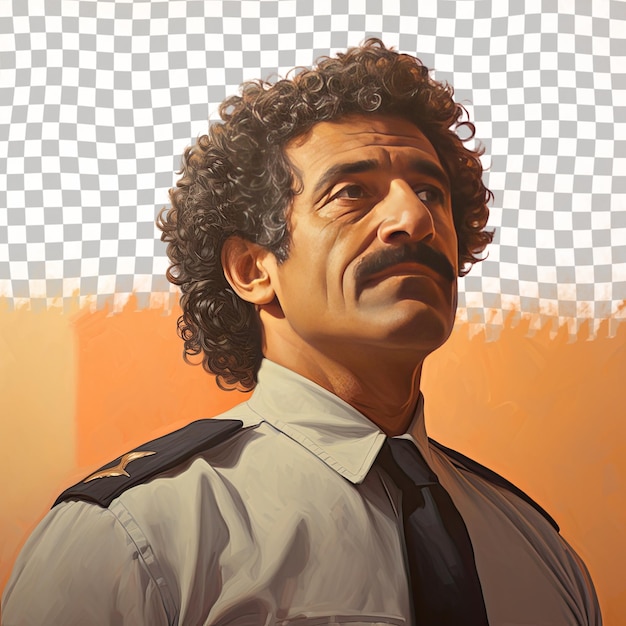 A Elated Senior Man with Curly Hair from the Middle Eastern ethnicity dressed in Police Officer attire poses in a Dramatic Look Upwards style against a Pastel Apricot background