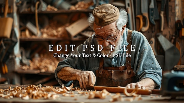 PSD elderly carpenter working on a wooden project