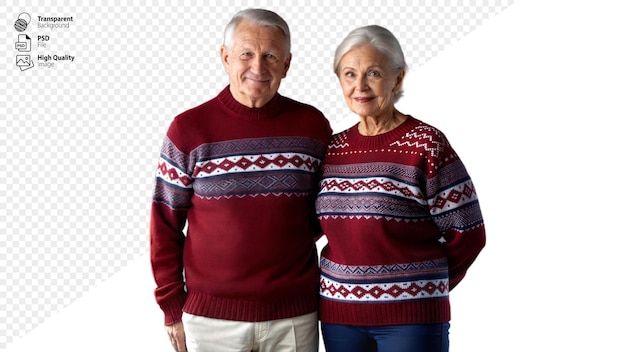 PSD elderly couple in winter sweaters embracing and smiling showcasing lasting love and companionship