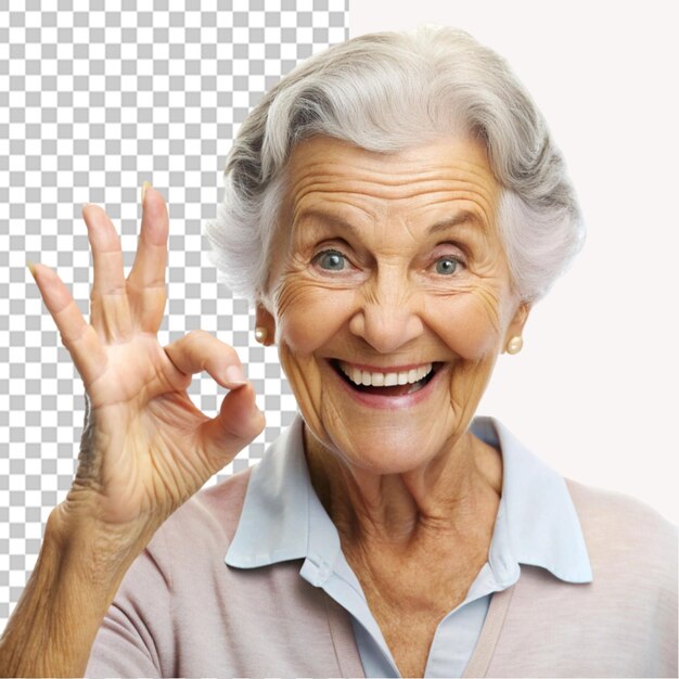 PSD elderly happy woman giving okay sign on transparent background