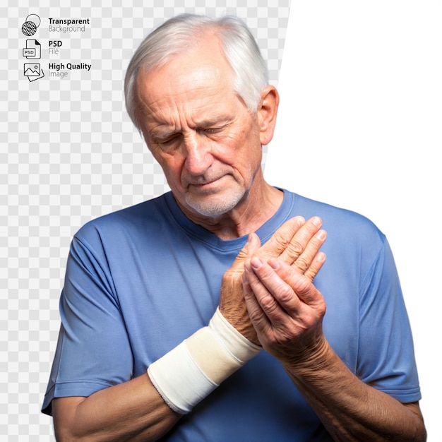 Elderly Man in Blue Shirt Holding Injured Wrist During