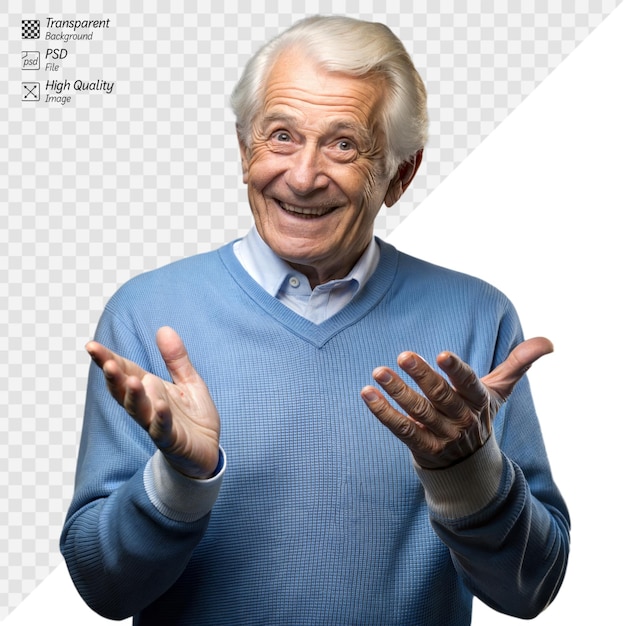 PSD elderly man in blue sweater gesturing and smiling