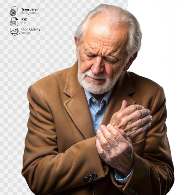 PSD elderly man in brown jacket expresses discomfort while rubbing his wrist