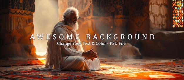 PSD elderly man praying in a dusty mosque