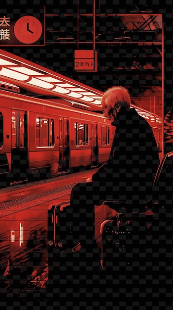 PSD elderly man sitting on a suitcase in a train station with a creative flat illustration art