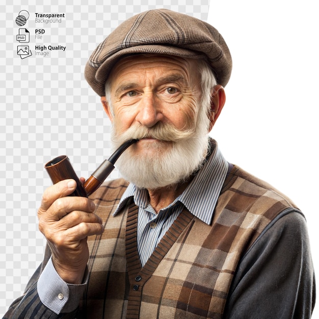 Elderly Man With Tweed Cap Posing With Pipe Against Transparent Background