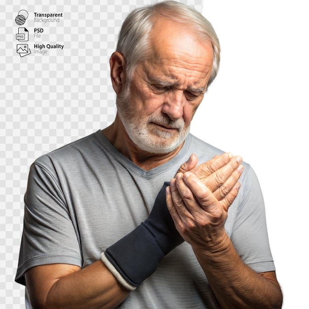 PSD elderly man with wrist brace suffering from hand pain