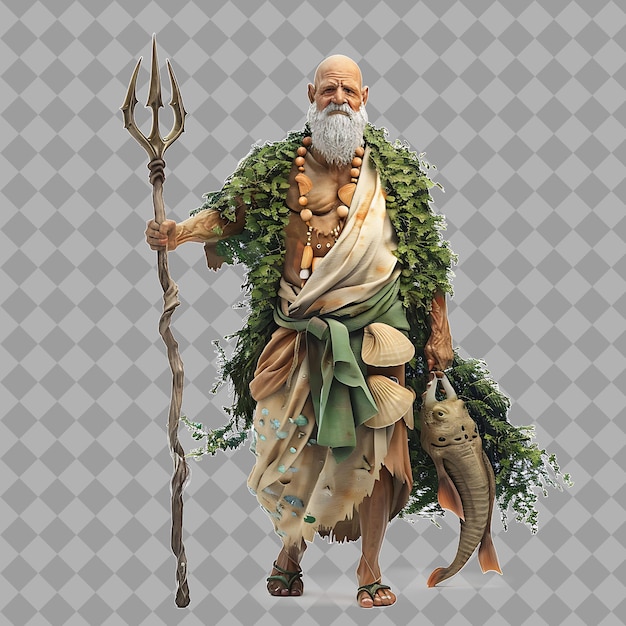 Elderly Monk Underwater Mystic With Serene Form Seaweed Robe Isolated High Quality Character Render