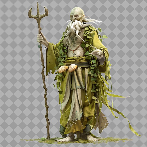 Elderly Monk Underwater Mystic With Serene Form Seaweed Robe Isolated High Quality Character Render