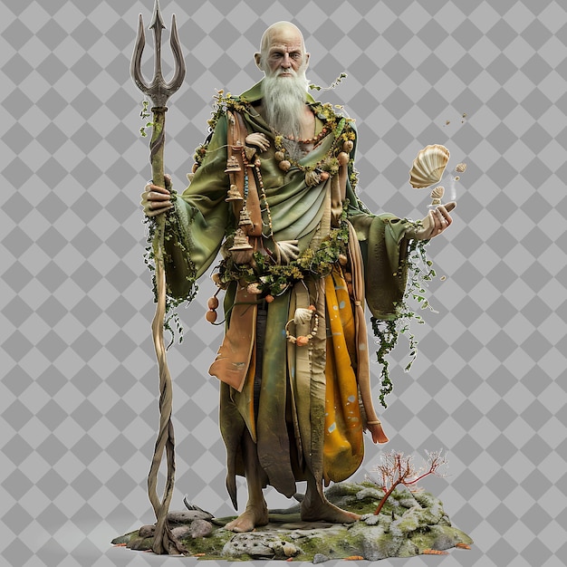 Elderly Monk Underwater Mystic With Serene Form Seaweed Robe Isolated High Quality Character Render