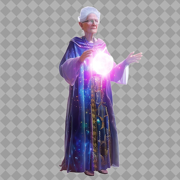 PSD elderly woman light manipulator with radiant form light mani isolated high quality character render