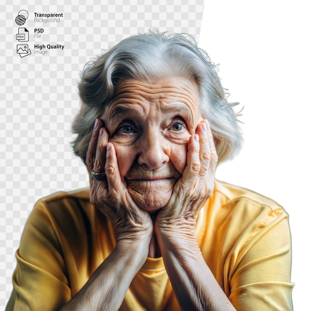 An elderly woman with grey hair rests her chin on her hands and looks at the camera with a gentle smile