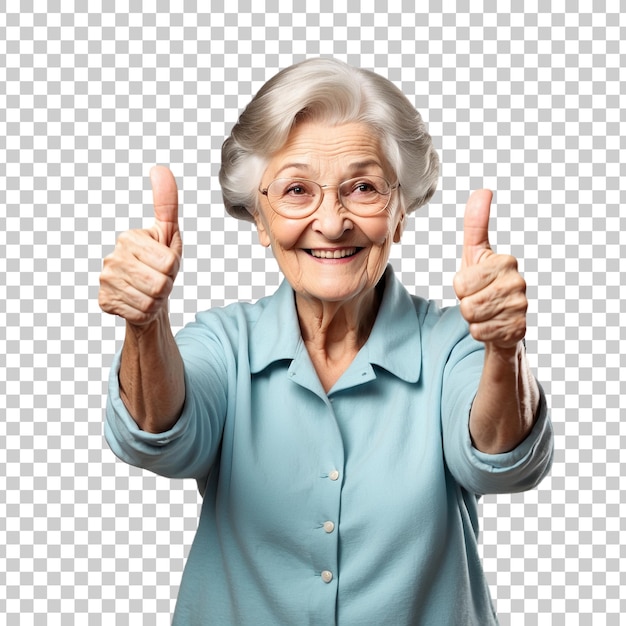 PSD an elderly woman with a thumbsup sign and a picture of an older woman giving a thumbsup isolated