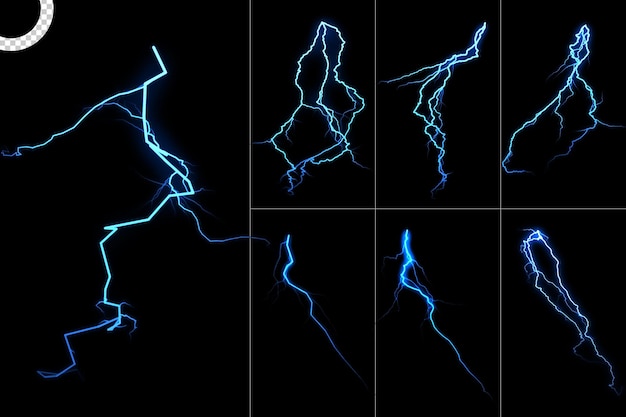 Electric lightnings and thunderbolts strike on transparent background