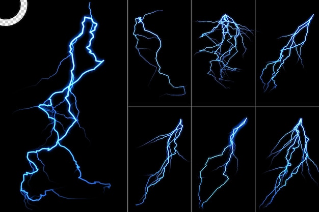 Electric lightnings and thunderbolts strike on transparent background