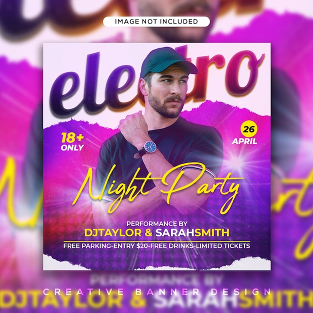 Electro night party flyer social media post and web banner