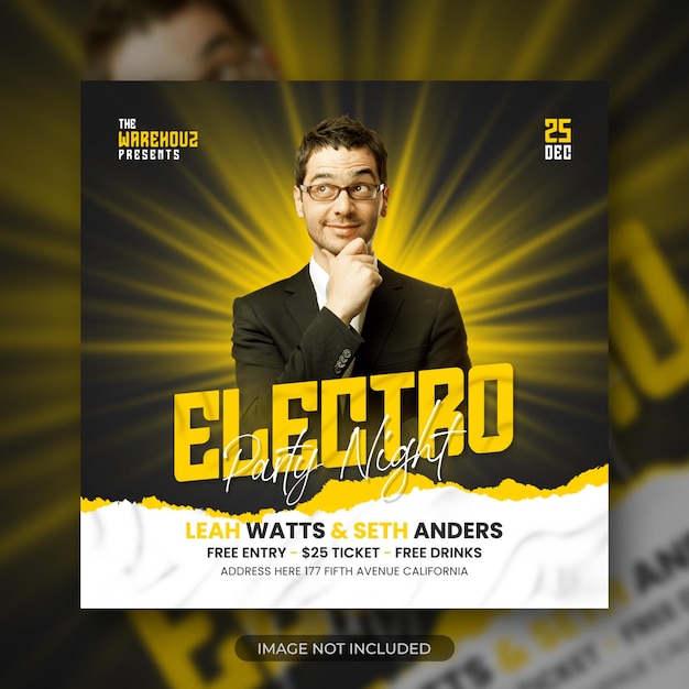 Electro party flyer social media square post and web banner