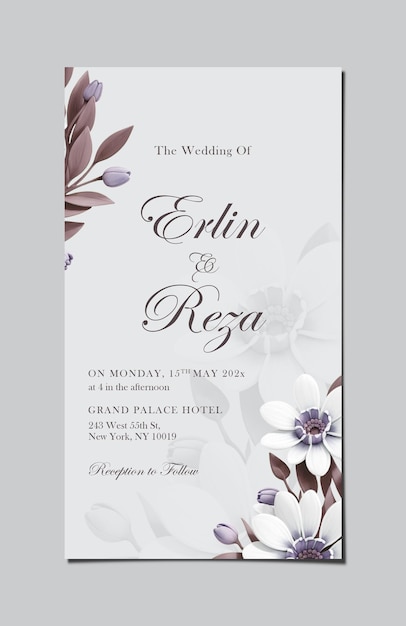 PSD electronic wedding invitation template with flower