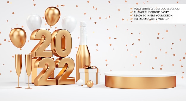 Elegant 2022 golden podium pedestal with numbers and festive stuff for product display in 3D render