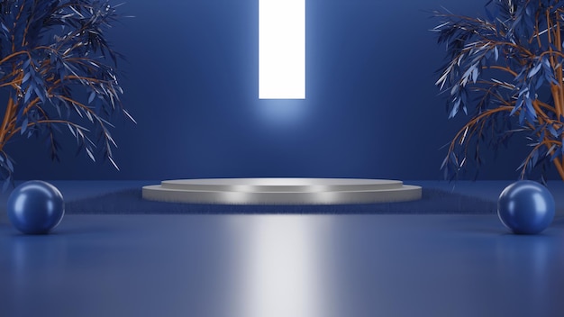 Elegant 3D render silver podium on blue background with light and trees