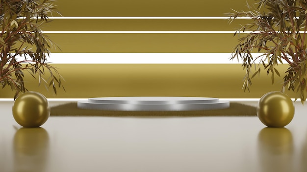 PSD elegant 3d render silver podium on gold background with light and trees