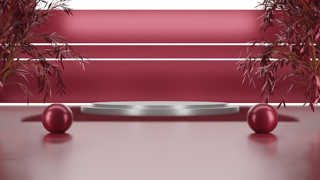 Elegant 3D render silver podium on red background with light and trees