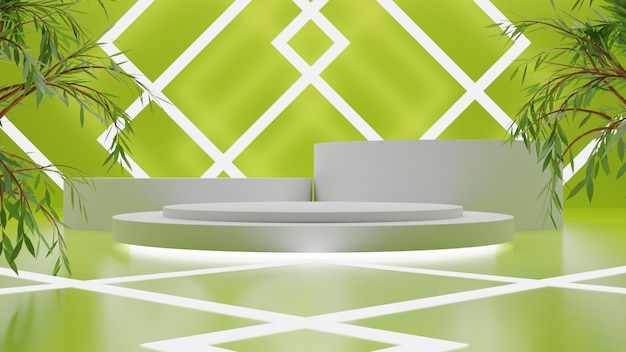 Elegant 3D render white podium on green background