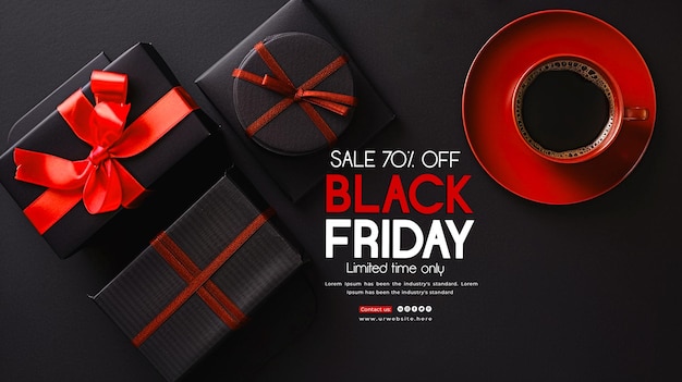 Elegant Black Friday sale arrangement on black background with gift boxes