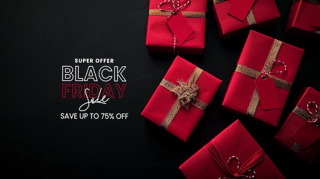 PSD elegant black friday sale arrangement on black background with gift boxes