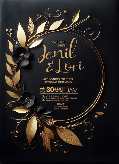 PSD elegant black and gold wedding invitation card